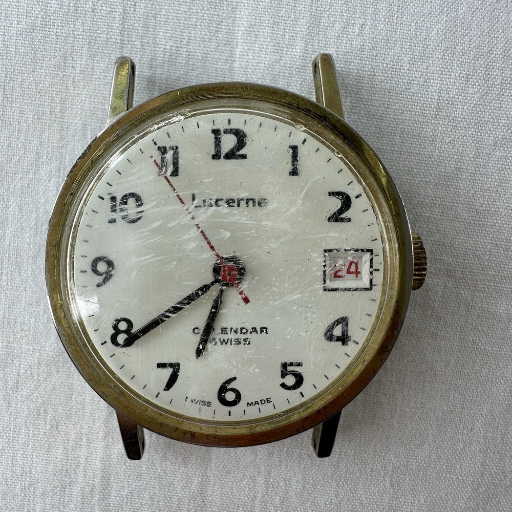 Vintage Lucerne Calendar Men's Watch Face - For Parts Or Repair - Swiss Made